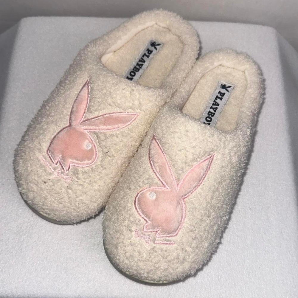 Playboy Bunny Sherpa Slippers Cream Pink Embroidered Logo House Shoes Small